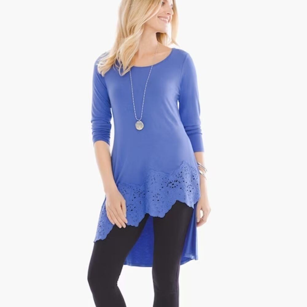 Chicos Eyelet Blue Lace‎ Trim Tunic Size Small